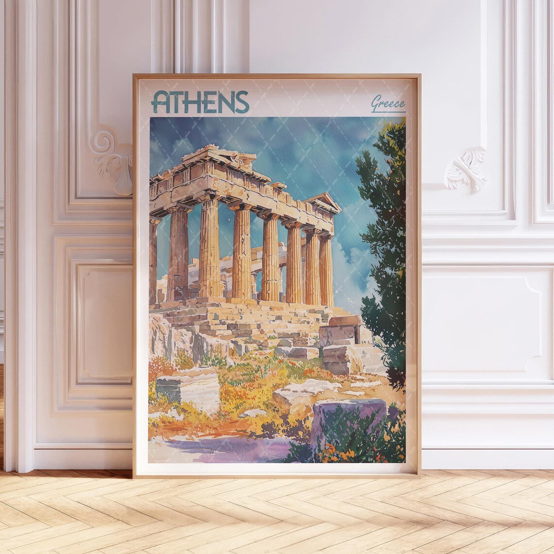 Athens Greece Watercolor Parthenon Ancient Ruins Travel Poster