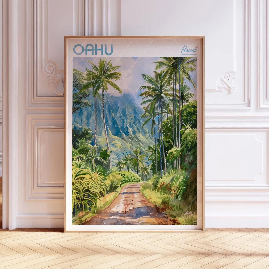 Oahu Hawaii Watercolor Travel Poster Palm Trees Mountain Road Scene