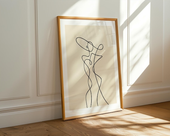 Abstract Continuous Line Woman Figure Minimalist Beige Drawing Art Poster