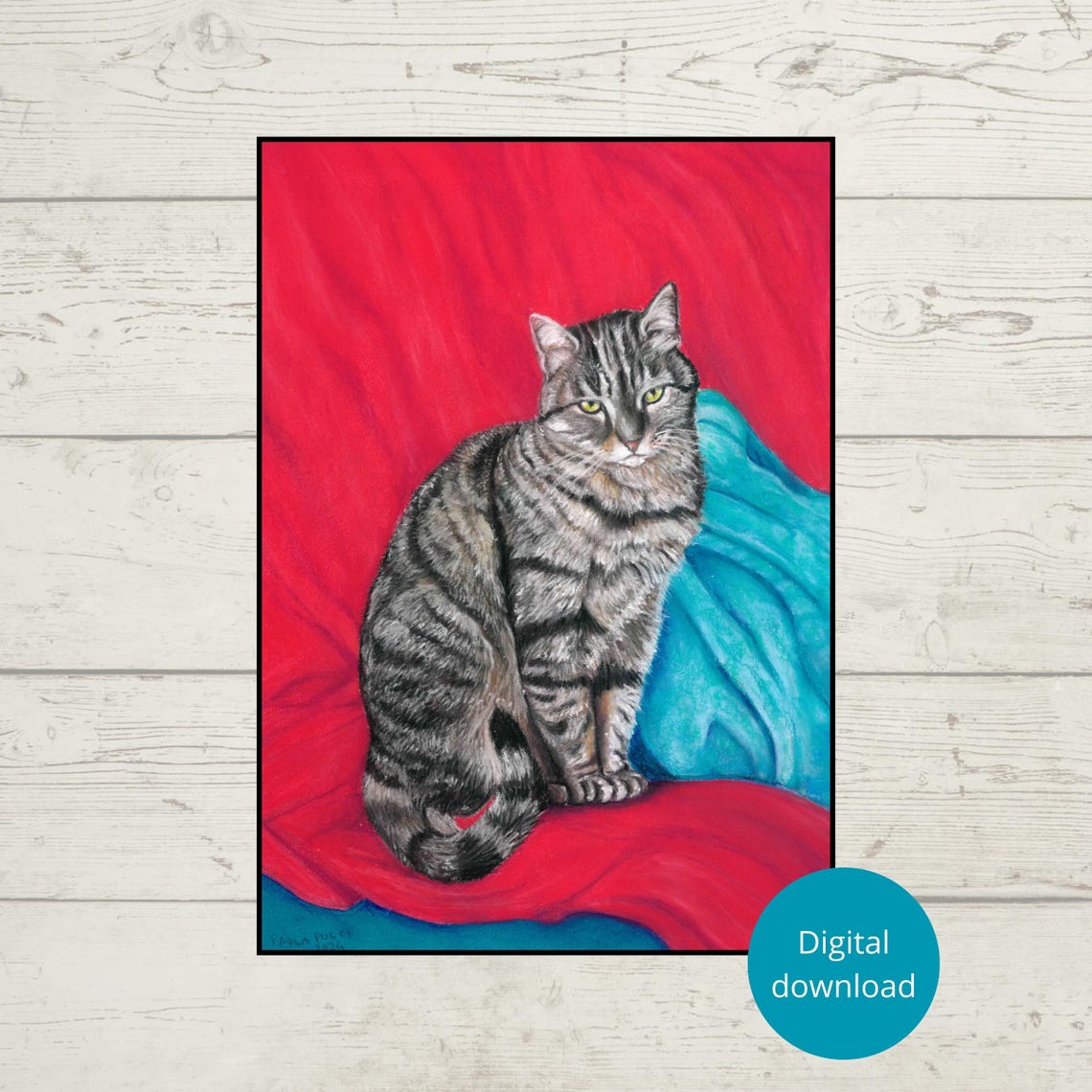 Tabby Cat Sitting on Bright Red and Teal Fabric Poster Art Scene