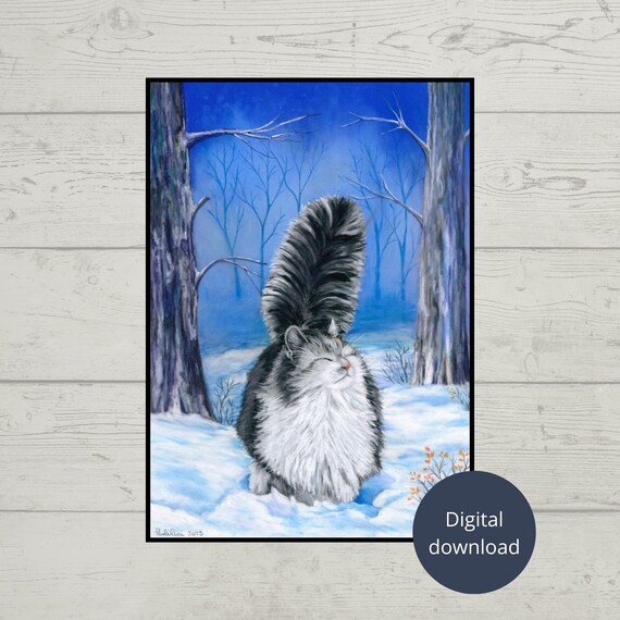 Fluffy Cat Sitting In Snowy Winter Forest Holiday Decor Poster