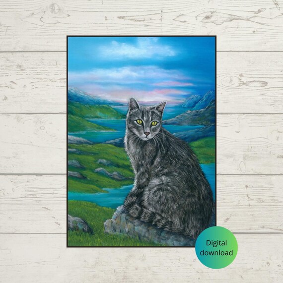 Gray Tiger Cat On Rock By Winding Lake Valley Landscape Poster