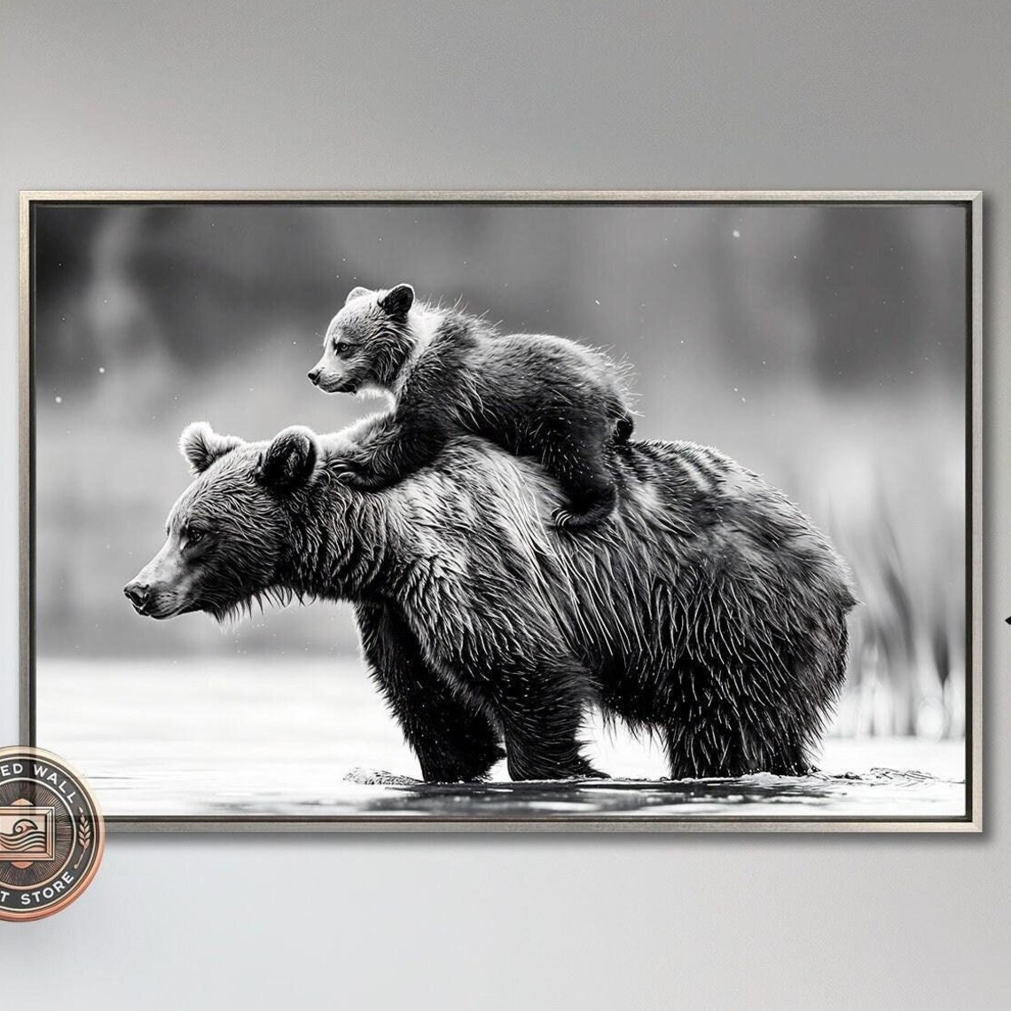 Grizzly Bear and Cub Black and White Art Print