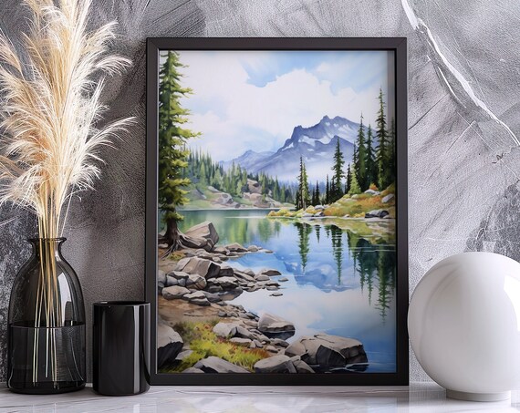 Watercolor Mountain Lake Painting Wall Art Poster Gift Watercolor Colorful Painting Illustration Nature Minimalist Decor