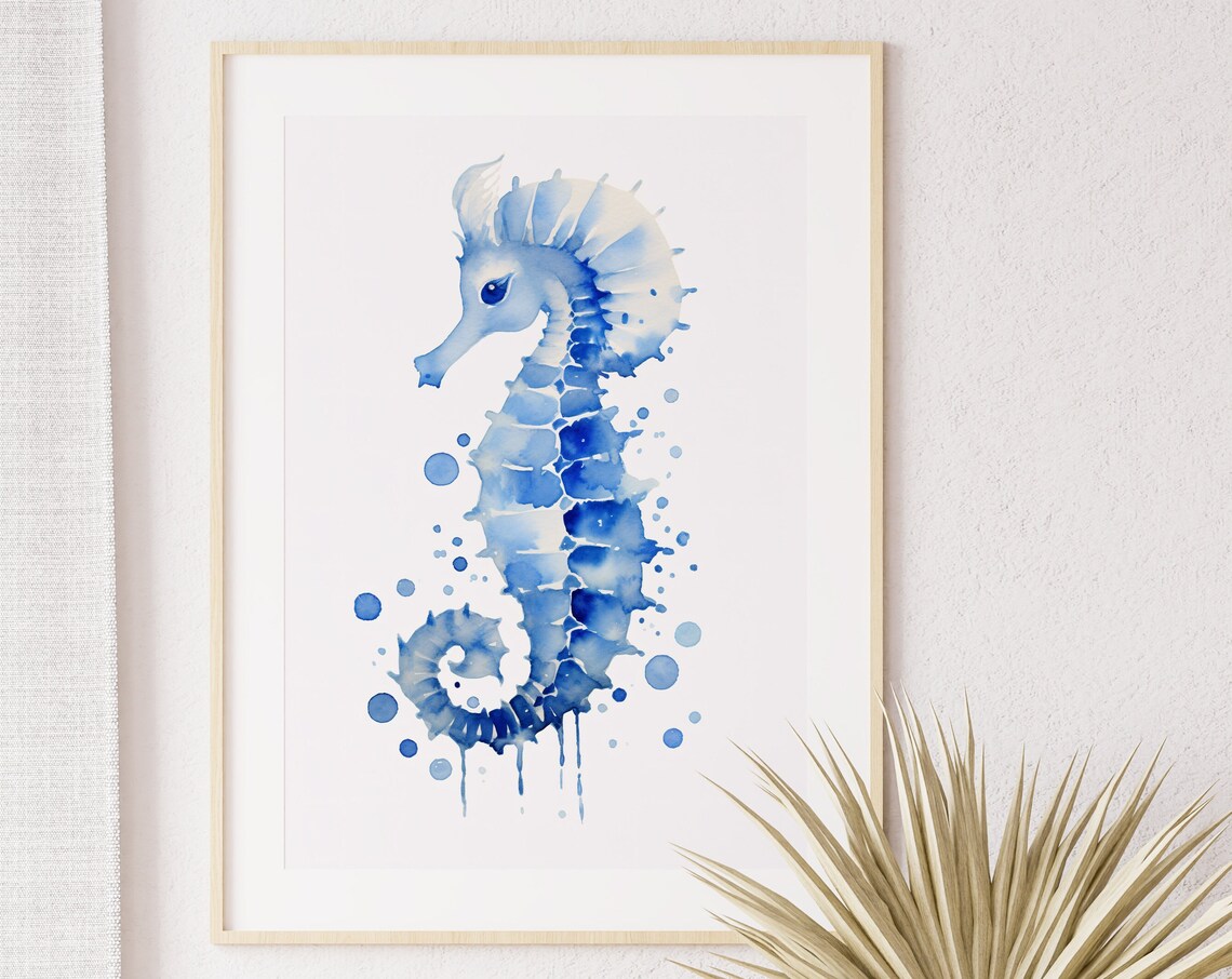 Blue Seahorse with Bubble Splash Watercolor Ocean Art Poster - Image 5