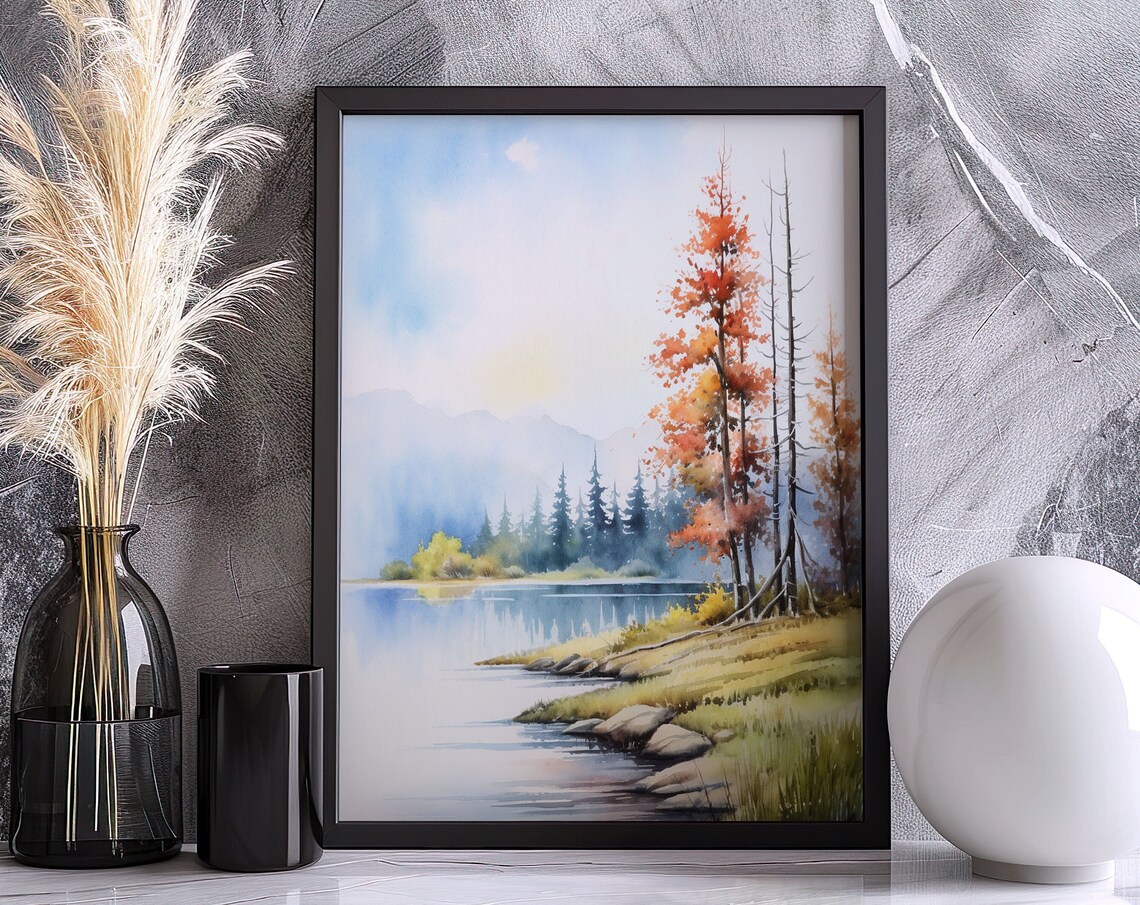 Sunset Lake With Autumn Tree Rocky Shore Mountain Watercolor Poster