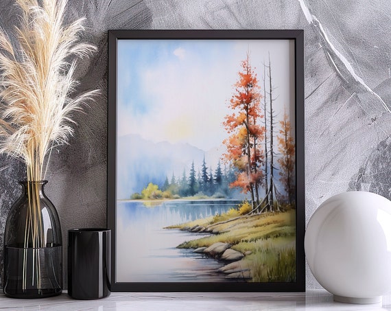 Sunset Lake Art Prints Abstract Landscape Painting Forest Watercolor Wall Art Farm House Minimalist Art Home Decor Neutral Poster