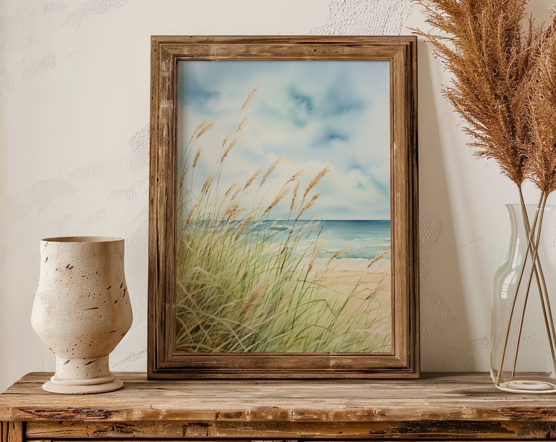Coastal Beach Grass Watercolor Ocean View Serene Decor Poster