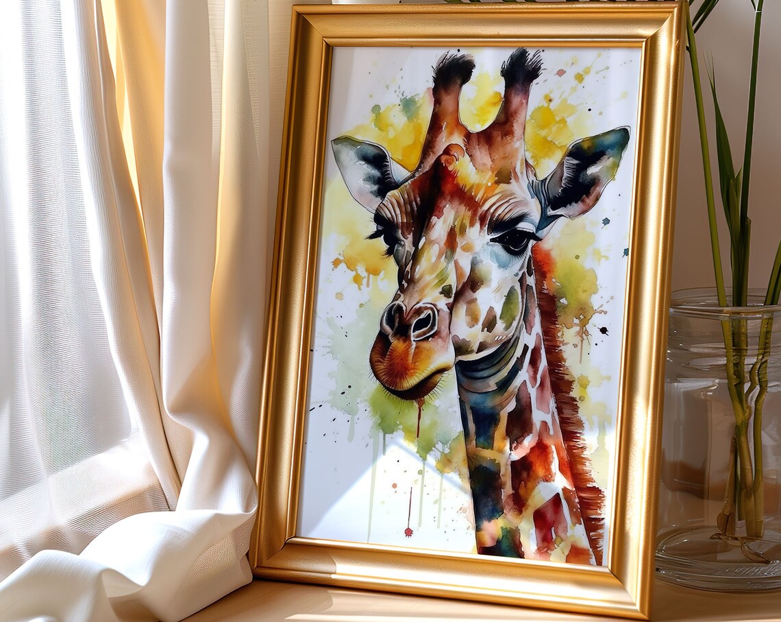 Giraffe Watercolor Portrait Yellow Splash Safari Animal Poster