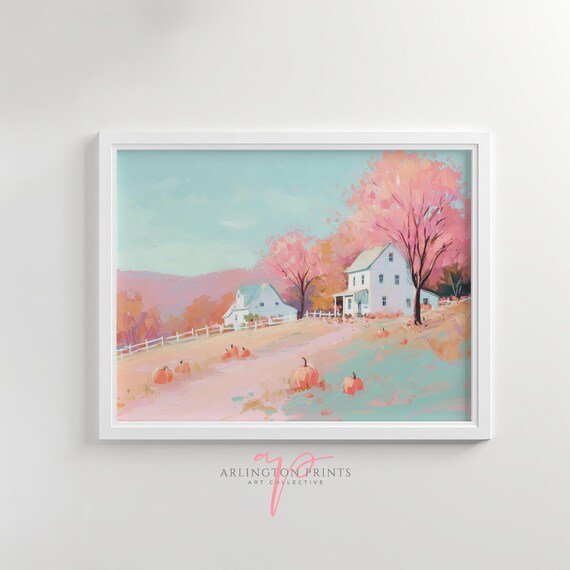 Rustic Fall Countryside Art Pastel Pink Autumn Landscape Pumpkin Patch Farmhouse Seasonal Wall 6254
