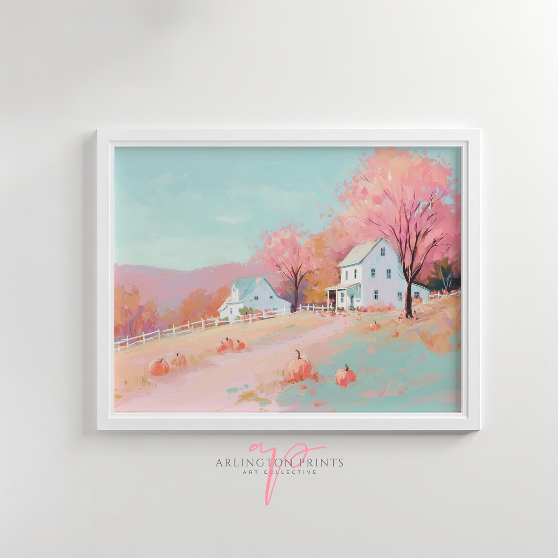 Rustic Fall Countryside Art Pastel Pink Autumn Landscape Pumpkin Patch Farmhouse Seasonal Wall 6254
