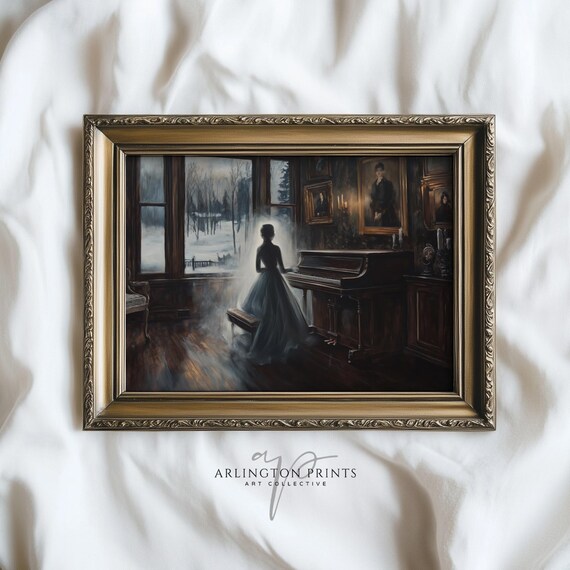 Haunted House Wall Art Ghostly Lady At Piano Print Vintage Gothic Winter Scene Spooky Halloween Decor A501