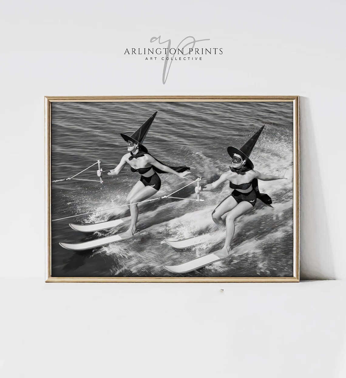 Halloween Art Witches Waterskiing Poster Vintage Black And White Photo