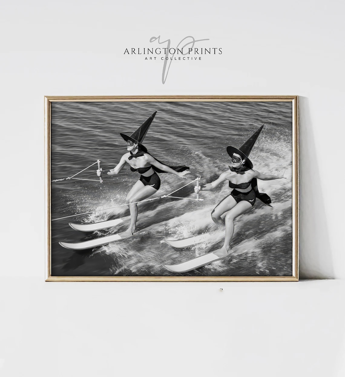 Witches Waterskiing Vintage Black and White Halloween Poster