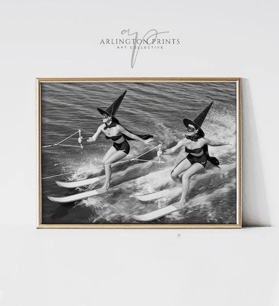 Halloween Art Witches Waterskiing Poster Vintage Black And White Photo