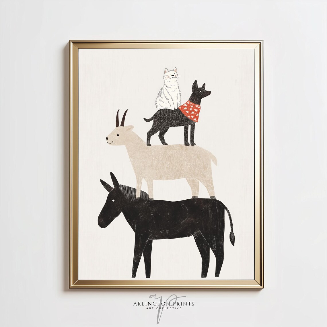 Stacked Farm Animals Donkey Goat Dog Cat Whimsical Nursery Art Poster