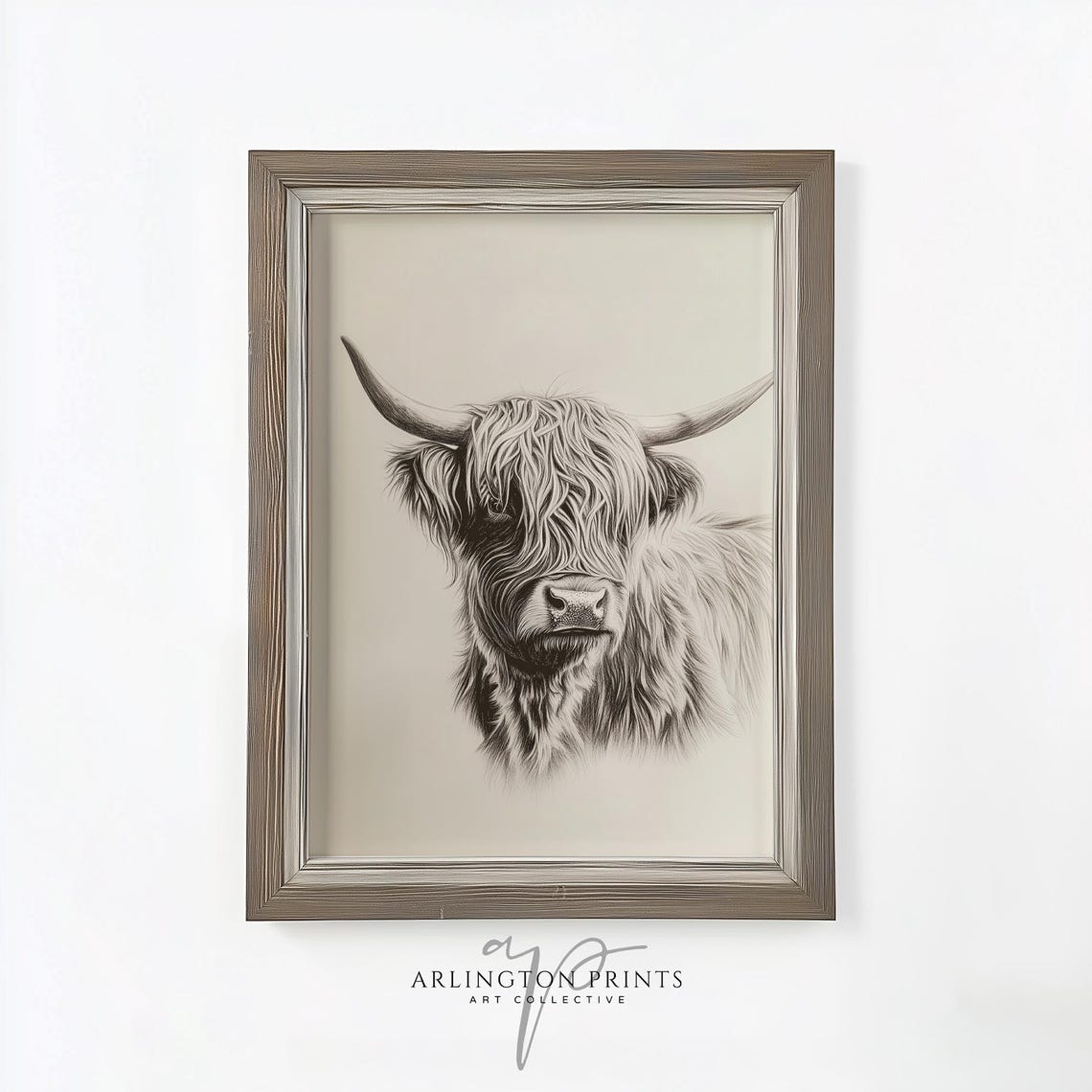 Highland Cow Portrait Pencil Sketch Neutral Farmhouse Poster