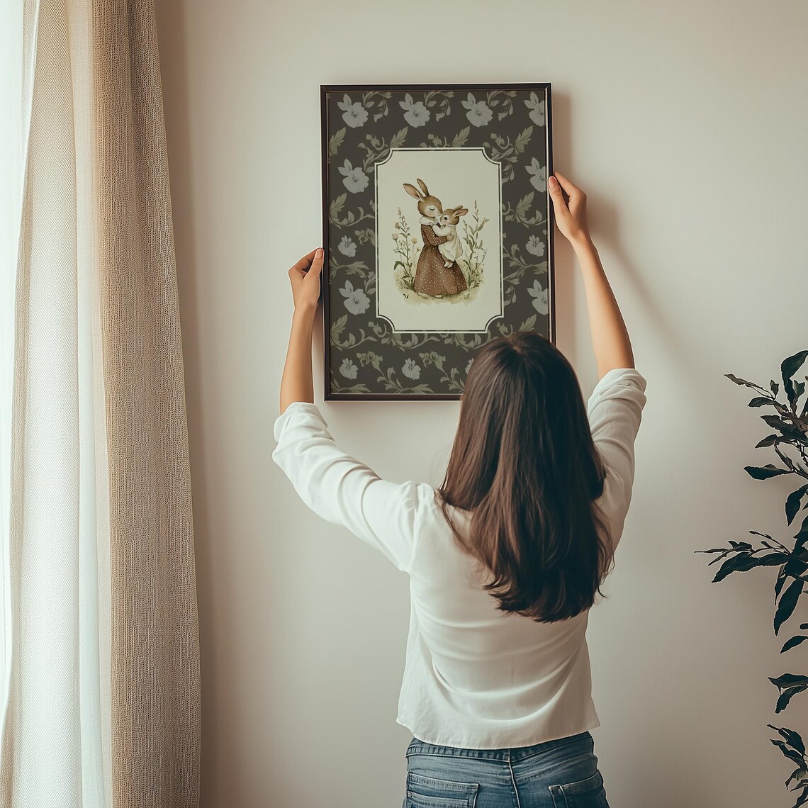 Mother Rabbit Holding Baby Bunny Vintage Nursery Floral Poster - Image 3