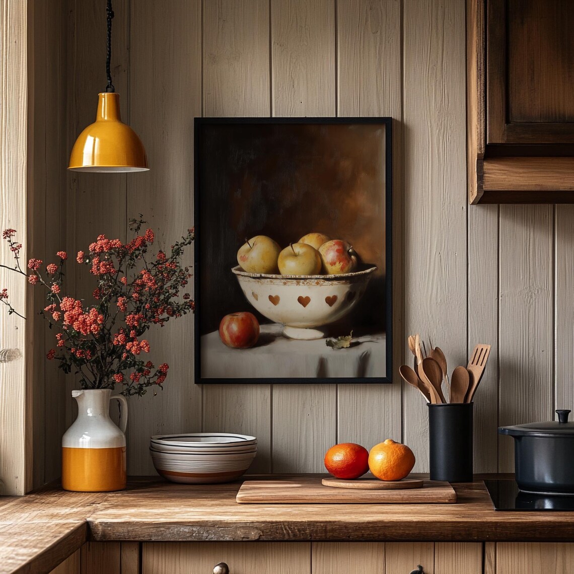 Rustic Bowl Of Apples Moody Dark Still Life Kitchen Decor Poster - Image 4