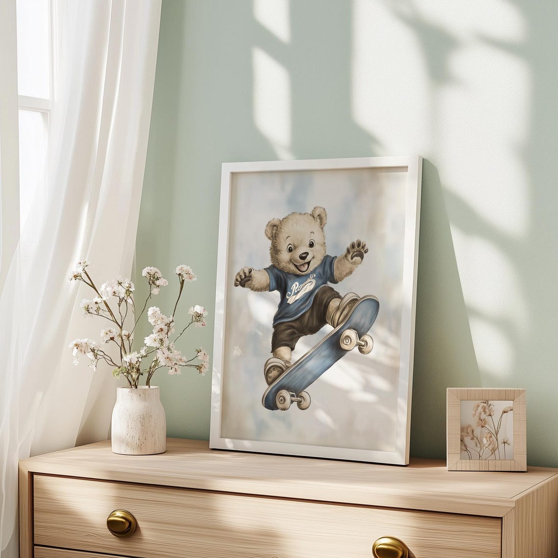 Whimsical Skater Teddy Bear Nursery Poster in a Blue Graphic Shirt