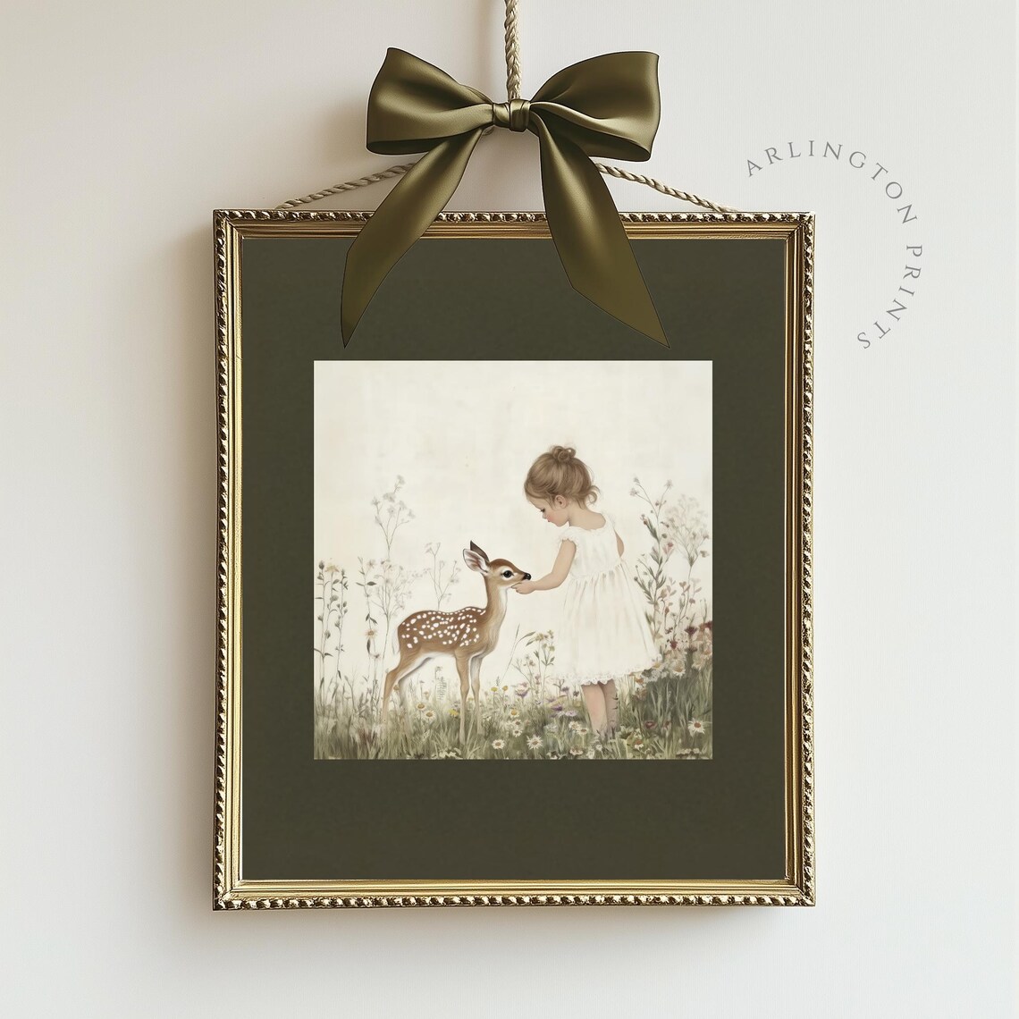 Vintage Little Girl and Fawn Art Print, Nursery Decor