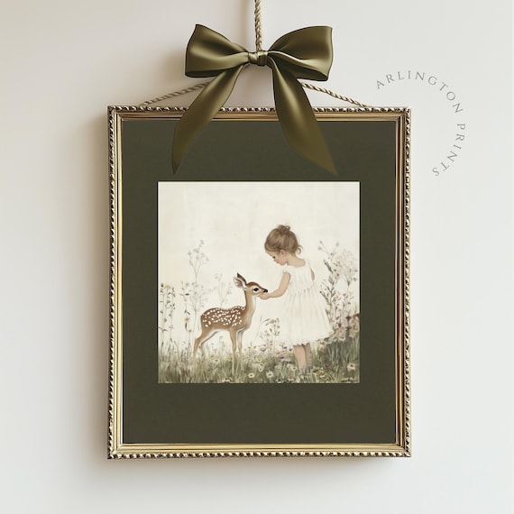 Vintage Little Girl and Fawn Art Print, Nursery Decor