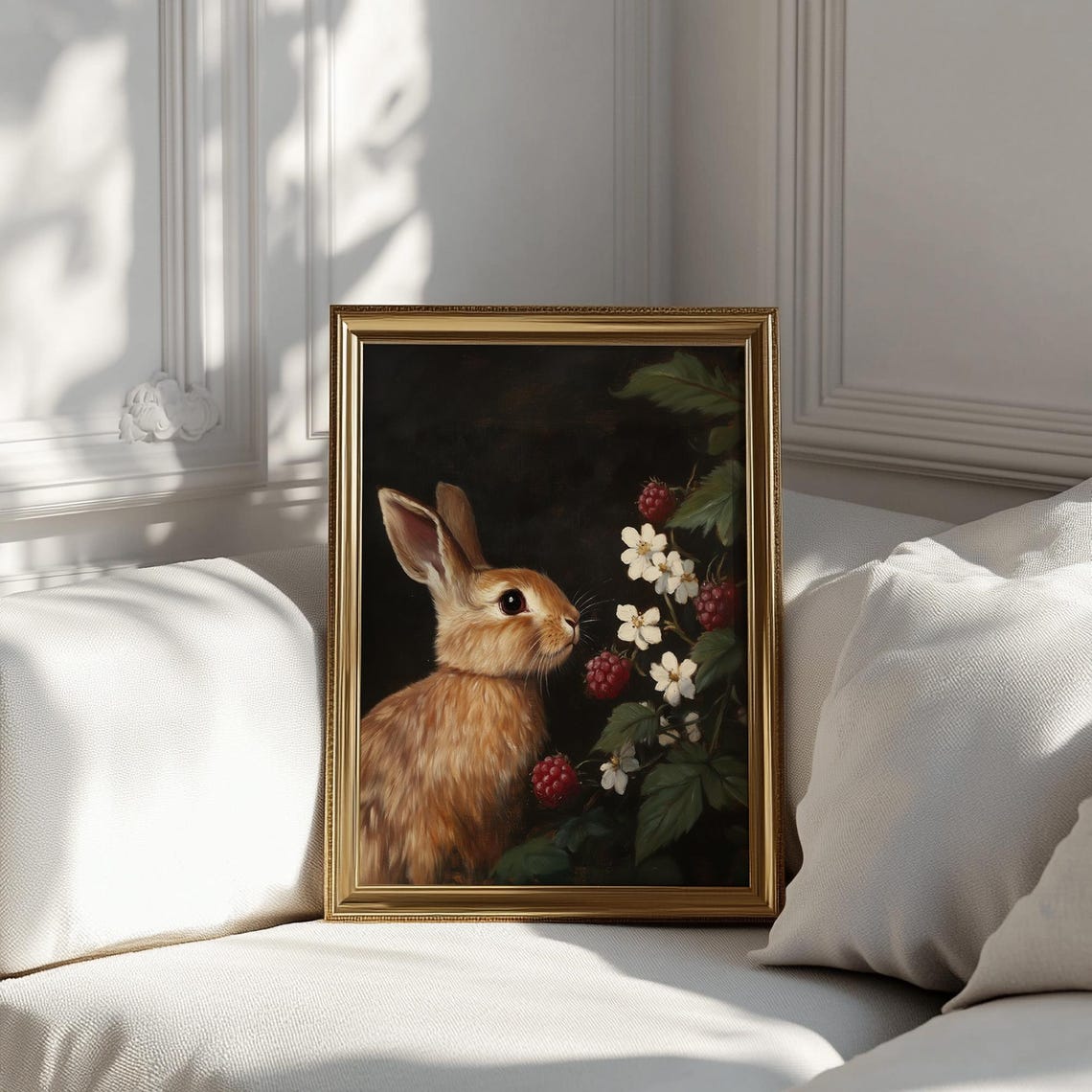 Brown Bunny Raspberry Blossoms Moody Dark Vintage Art Poster - Image 2
