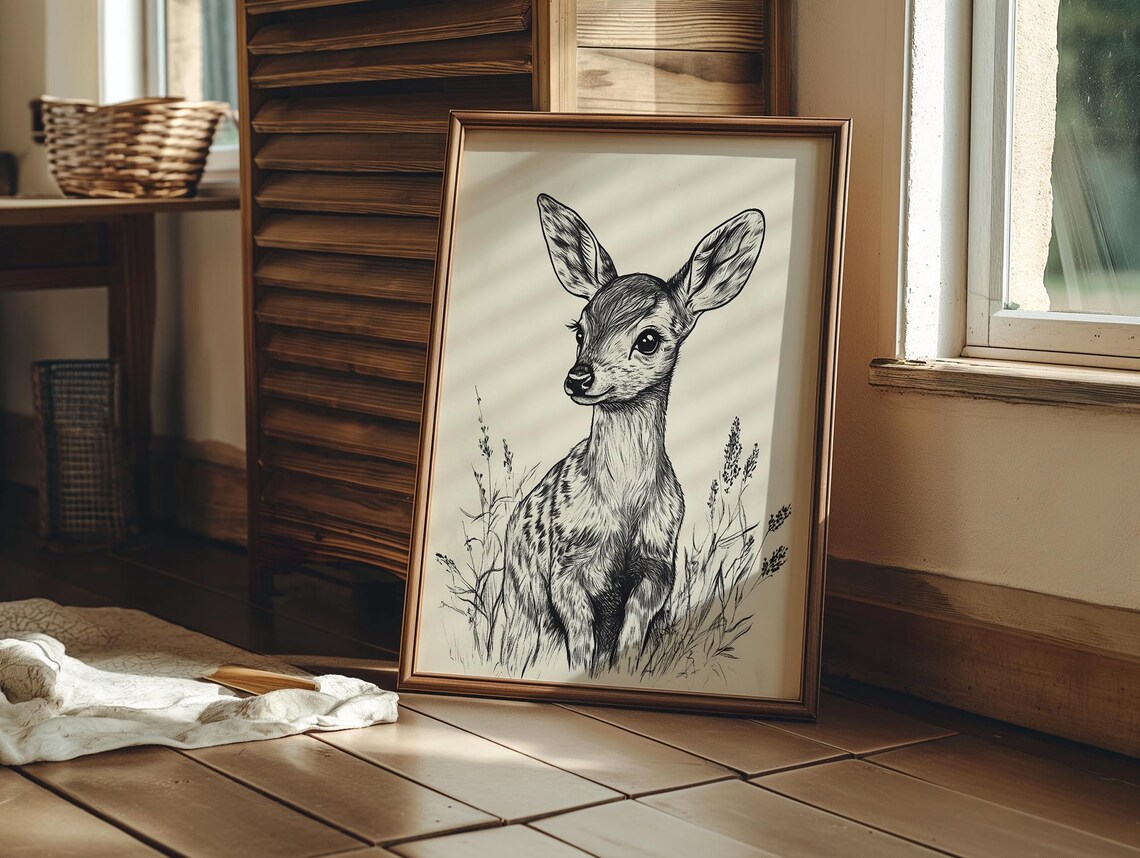 Woodland Fawn Portrait Ink Sketch Rustic Deer Nursery Animal Print - Image 2