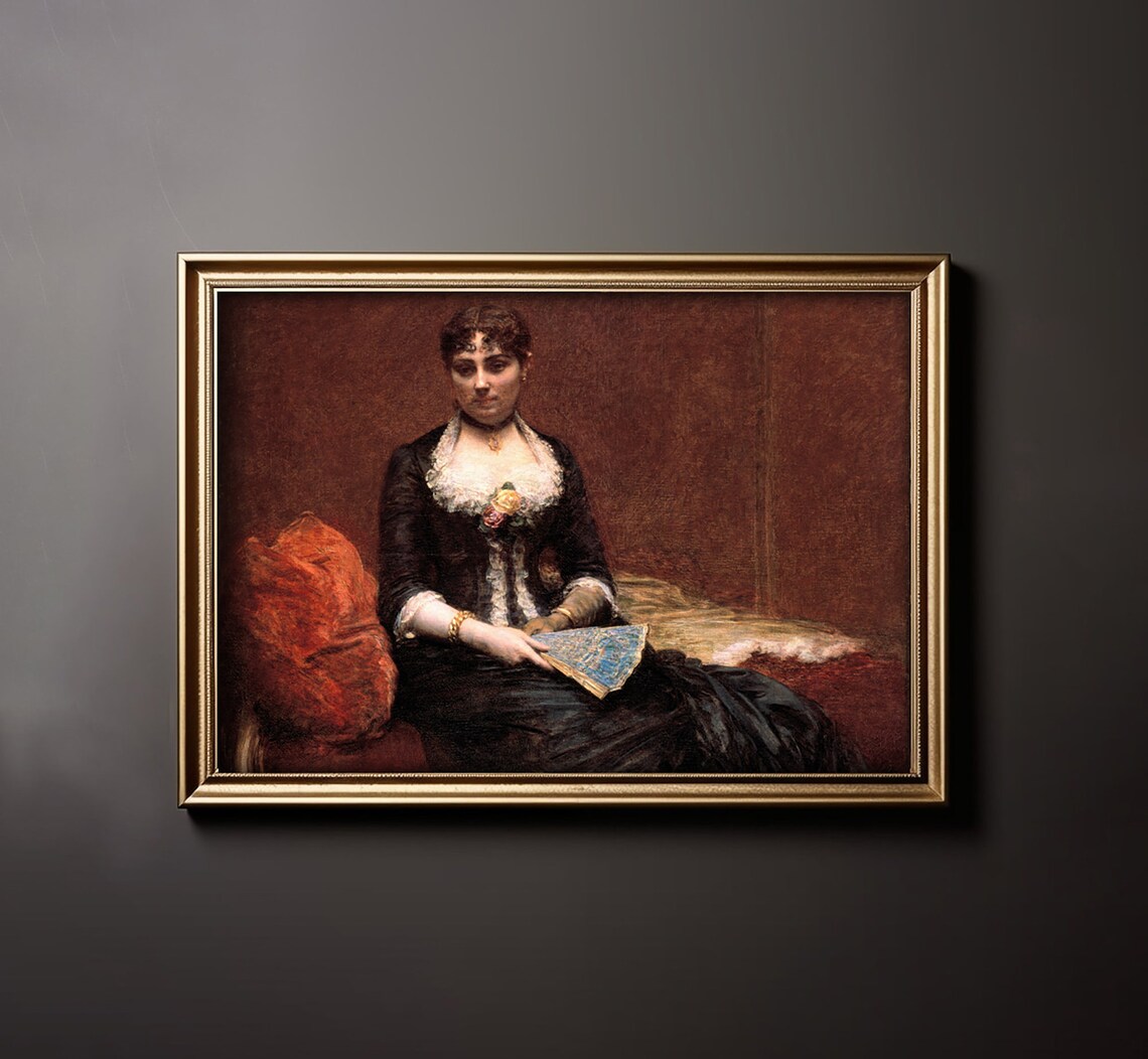 Elegant Victorian Woman Portrait With Fan Moody Oil Painting Poster - Image 2