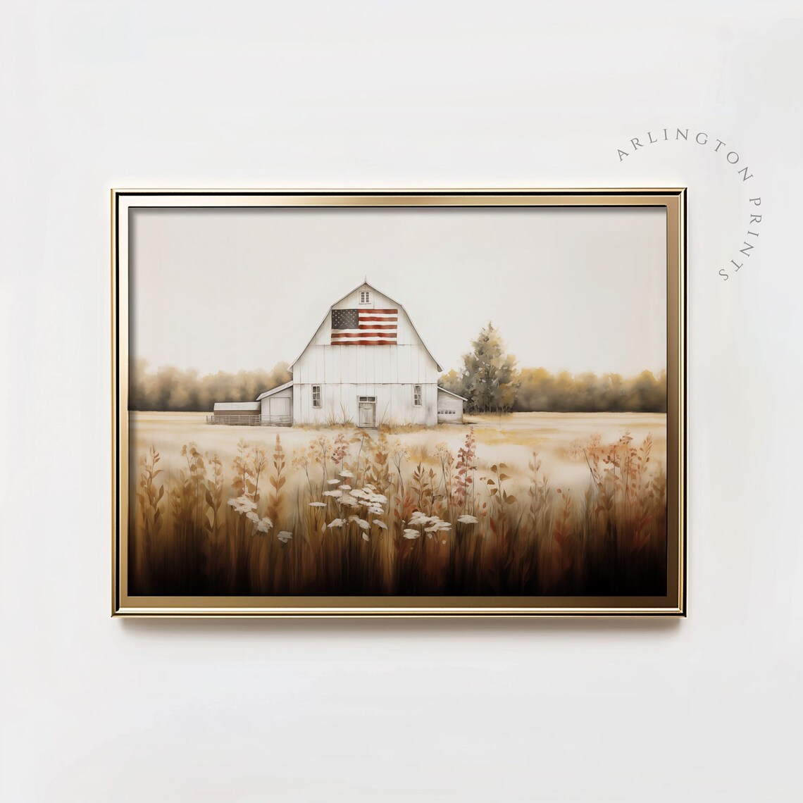 Rustic Barn Flag Art Print, Farmhouse Summer Decor