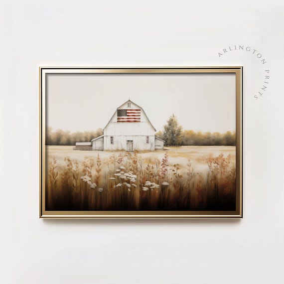 Rustic Barn Flag Art Print, Farmhouse Summer Decor