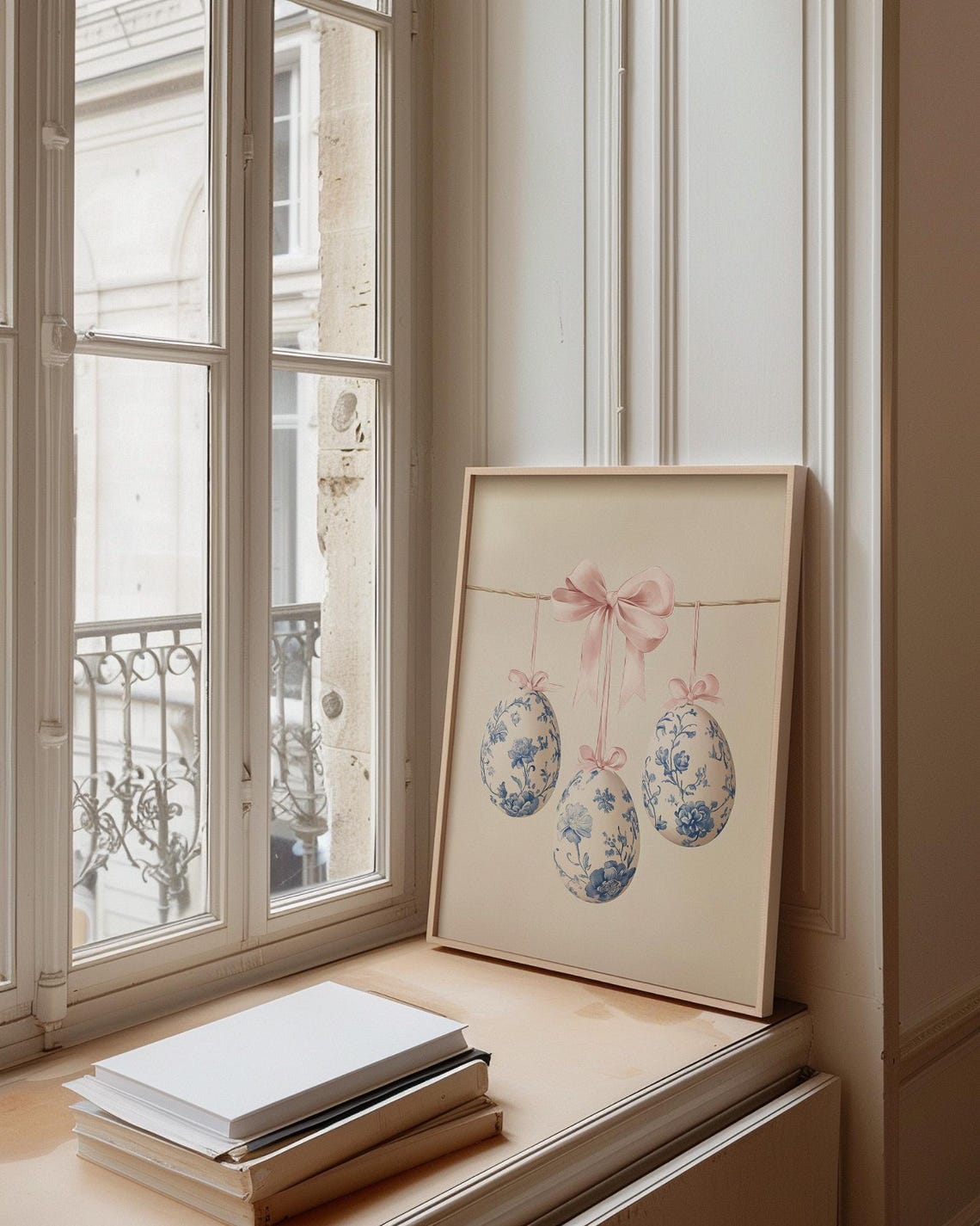 Blue Floral Chinoiserie Easter Eggs Pink Bow Spring Wall Art - Image 4