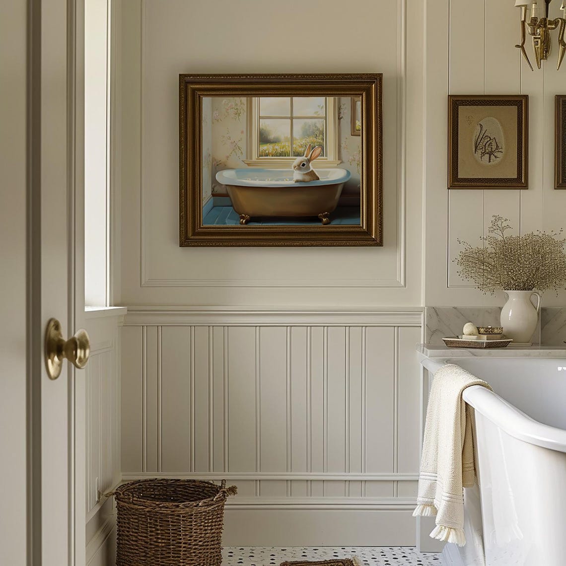 Adorable Bunny Bath Time in a Golden Vintage Clawfoot Tub Poster - Image 5