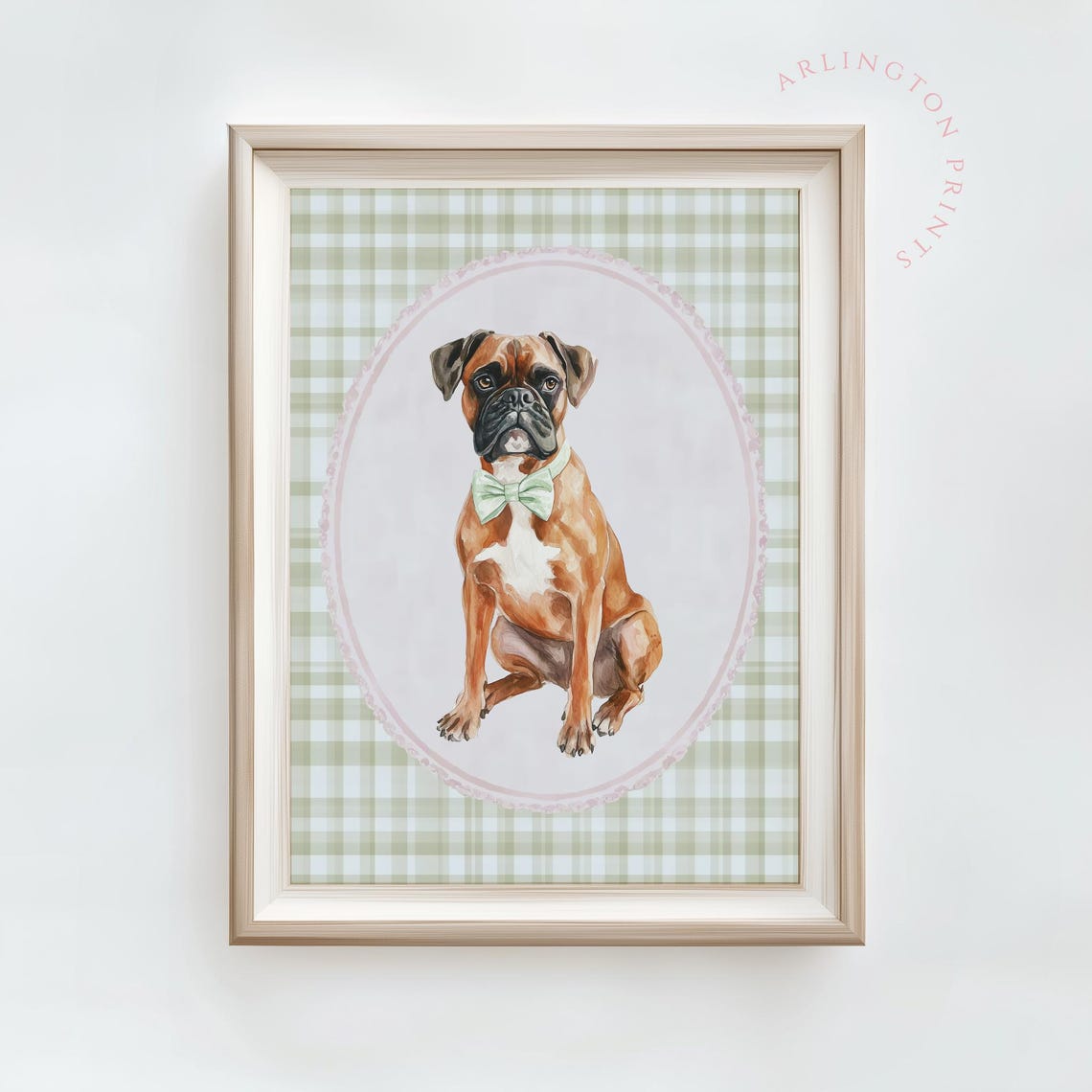 Boxer Dog with Mint Green Bow Tie Gingham Puppy Nursery Decor Poster