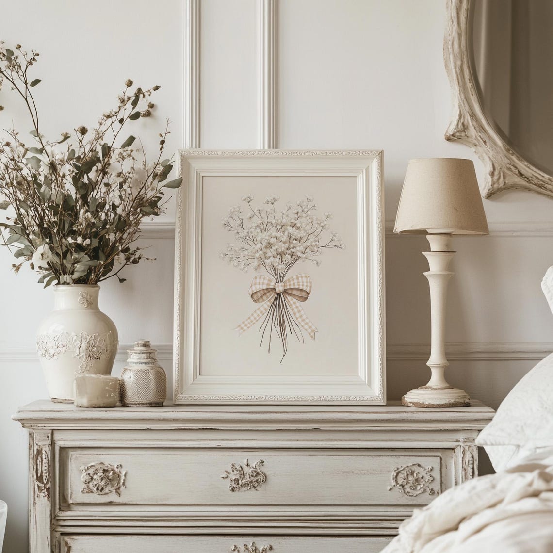 White Baby's Breath Bouquet with Gingham Bow Soft Neutral Wall Art - Image 4