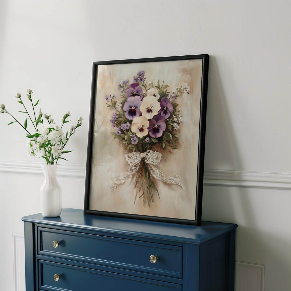 Purple Pansy Bouquet Tied With Lace Bow Vintage Floral Poster - Image 3