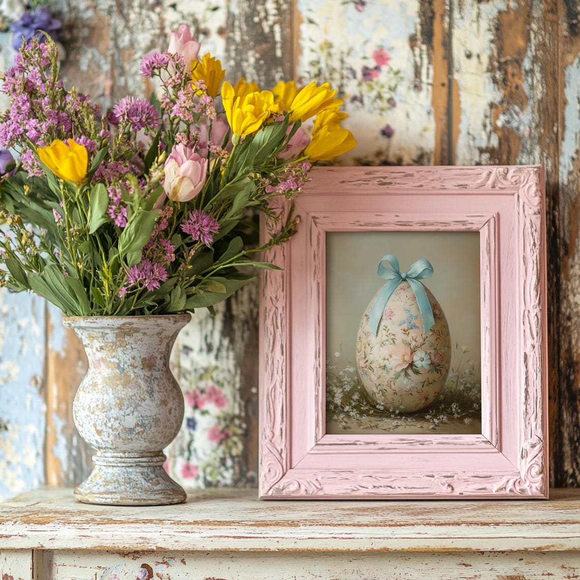 Pastel Floral Easter Egg with Blue Bow among Wildflowers Art Poster - Image 3