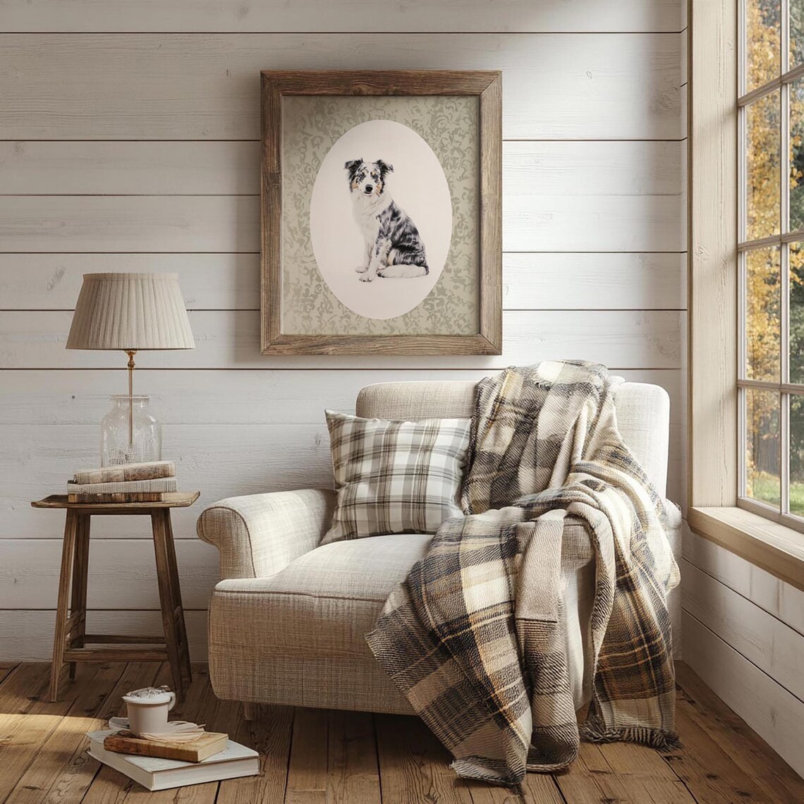 Australian Shepherd Portrait On Sage Toile Vintage Dog Poster - Image 2