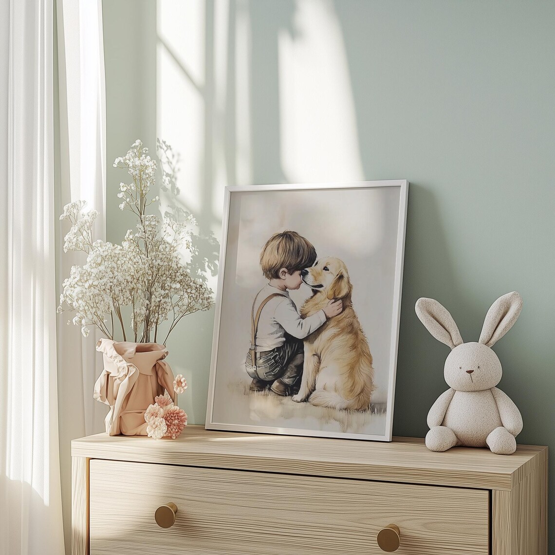 Little Boy and Golden Retriever Sharing Sweet Moment Nursery Poster - Image 4