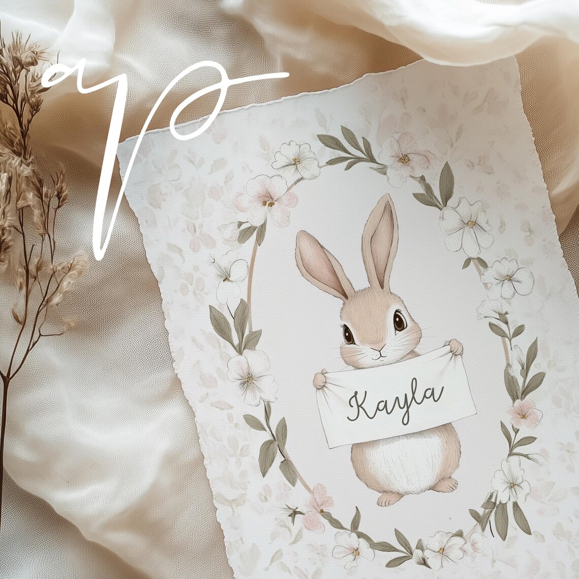 Personalized Bunny Holding Name Banner Floral Wreath Nursery Decor Poster - Image 4