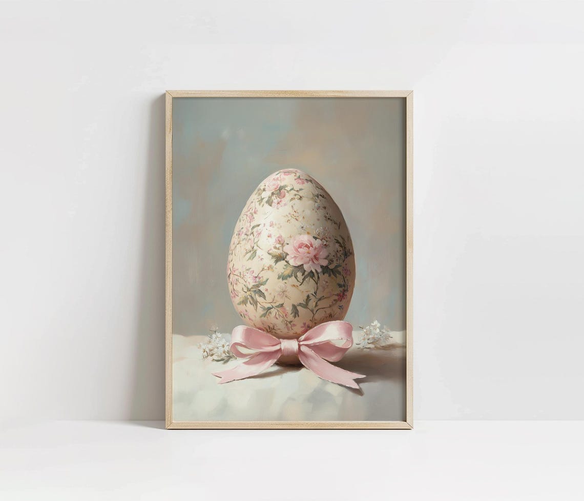 Pink Floral Easter Egg with Satin Bow in Ornate Gold Frame Art Poster - Image 4