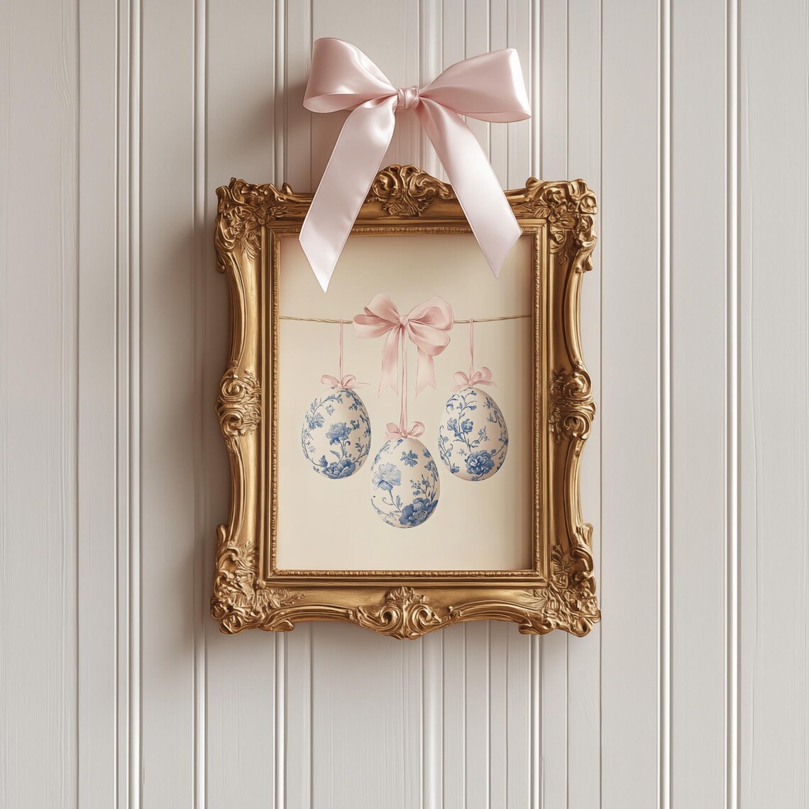 Blue Floral Chinoiserie Easter Eggs Pink Bow Spring Wall Art - Image 3