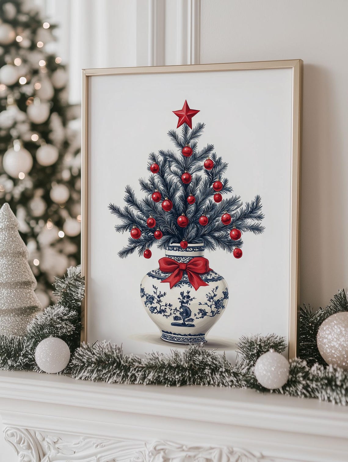 Blue White Porcelain Vase Mini Christmas Tree Red Ornaments Poster - Image 2
