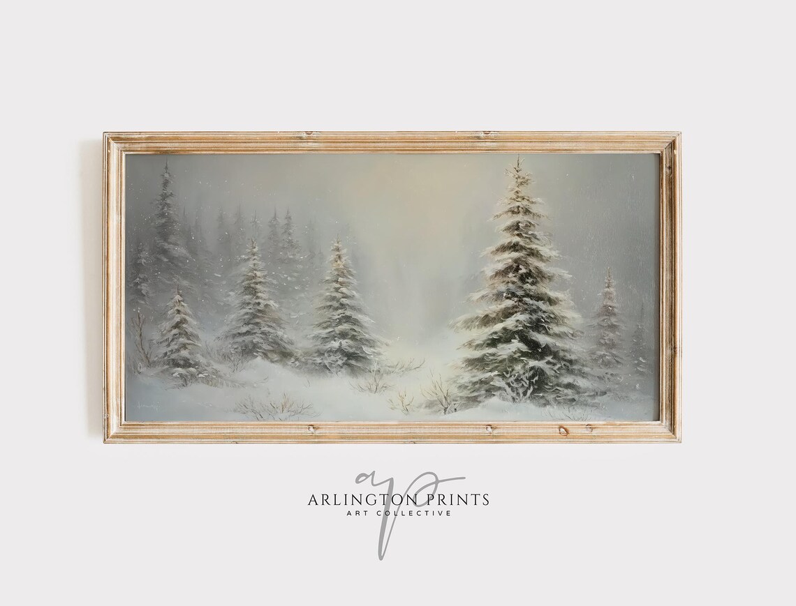 Vintage Winter Landscape Art Print, Holiday Trees