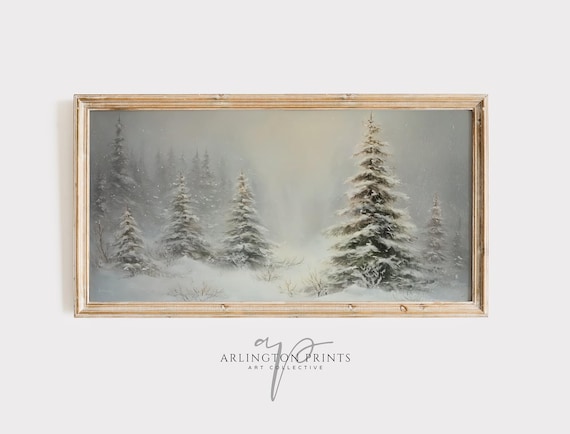 Vintage Winter Landscape Art Print, Holiday Trees