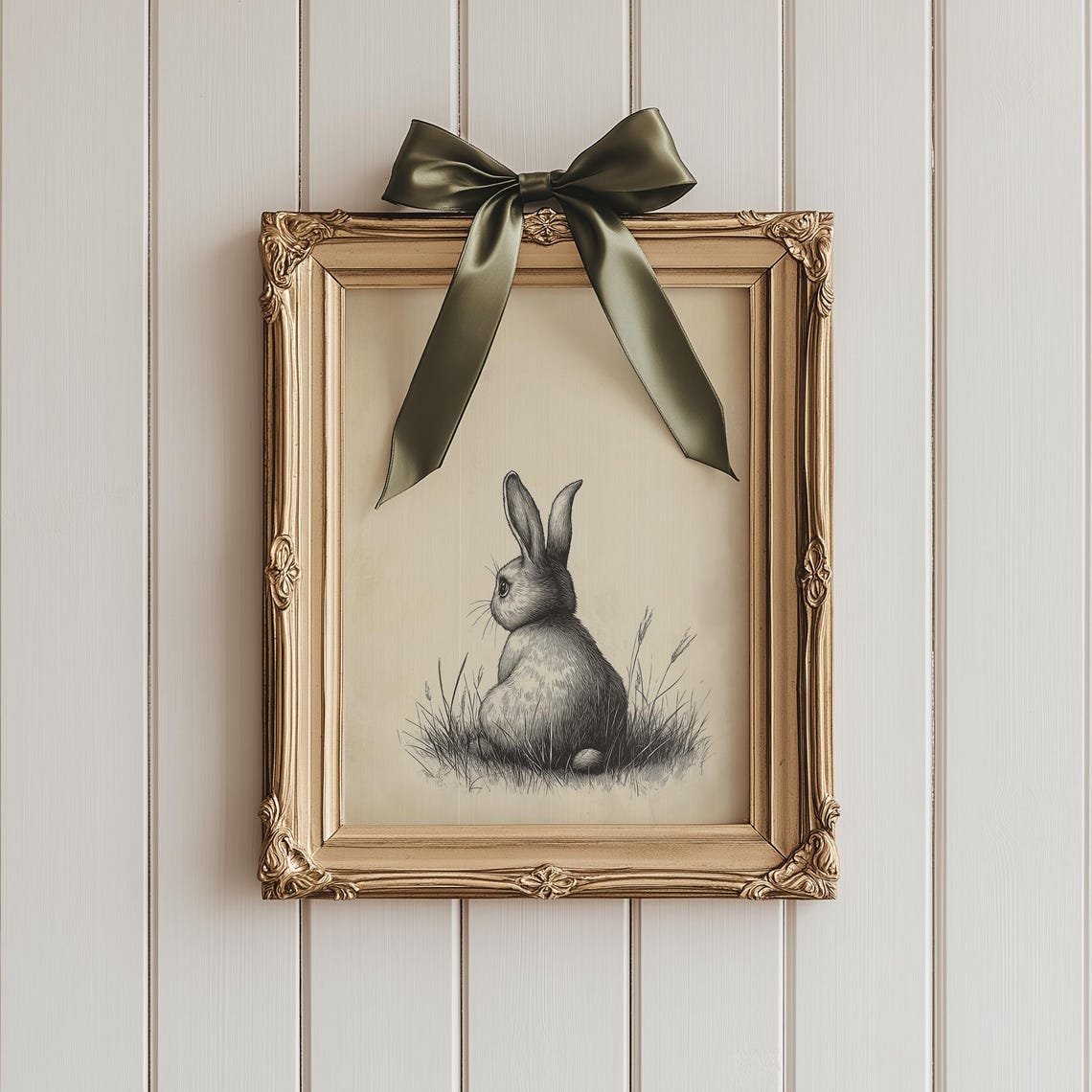 Vintage Rabbit Sketch Sitting in Grass Beige Easter Bunny Art Poster - Image 3