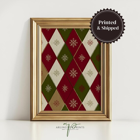 Red Green Argyle Christmas Snowflake Pattern Rustic Holiday Print