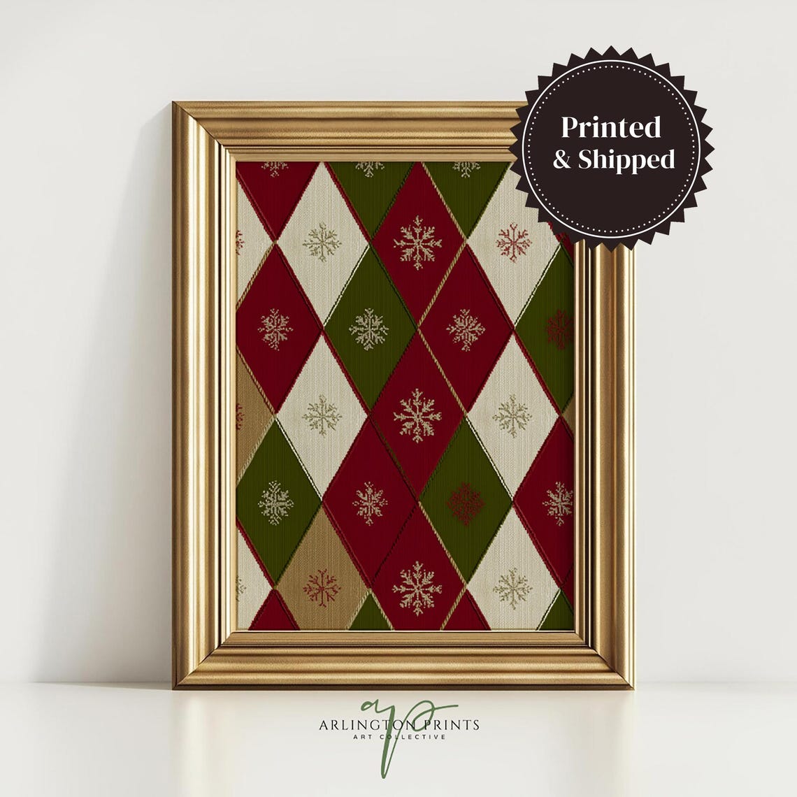 Red Green Argyle Christmas Snowflake Pattern Rustic Holiday Print