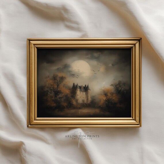 Haunted Castle Artwork Autumn Gothic Wall Print Vintage Halloween Decor Dark Spooky Fall Landscape Painting Instant 551