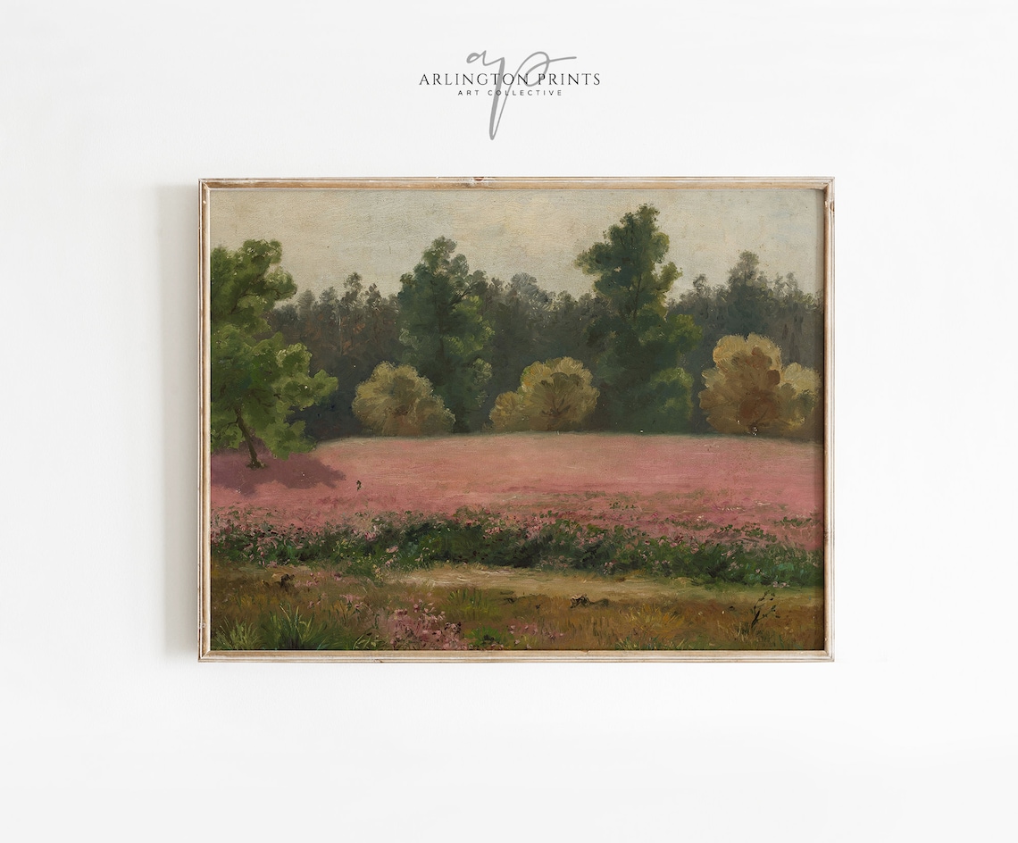 Vintage Pink Flowers Print, Floral Field Landscape
